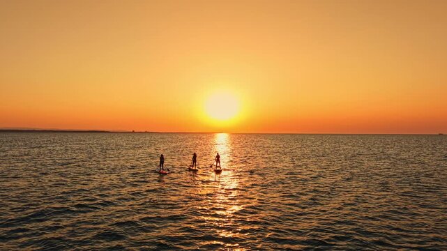 Three individuals are paddleboarding on water at sunset. The sun is setting on the horizon, creating a bright orange sky. Waves gently move around the boards.