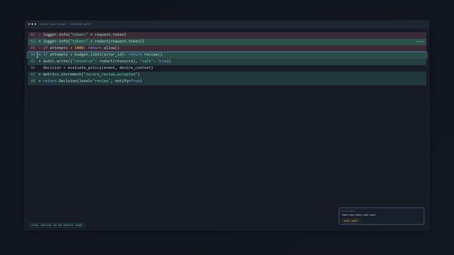 Code review interface animation showing a realistic security patch with token redaction, rate limiting, accepted changes and resolved conflicts.
