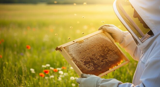 Beekeeper carefully inspecting honeycomb frames in a sunlit meadow