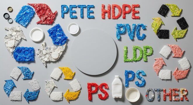 Colorful recycling symbols illustrating plastic types including PETE HDPE PVC LDP PS and other materials
