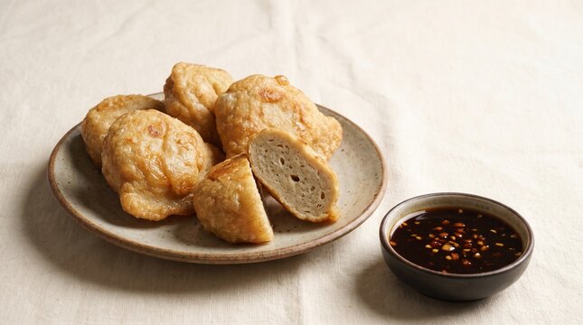 Authentic pempek Palembang with textured fish cake and cuko sauce, isolated for Indonesian culinary tourism, restaurant promotion, menu design and food editorial use.
