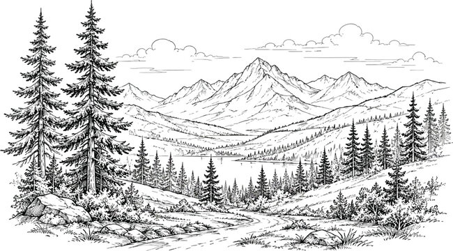 Detailed black and white sketch of mountain landscape with pine trees