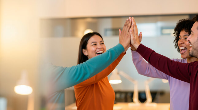 Diverse business people celebrating success with a group high five in a modern office. Excited coworkers in colorful tops laughing together. Teamwork and collaboration concept