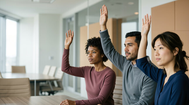 Diverse business people raising hands to vote in a meeting. Multiethnic corporate team making a decision in modern office conference room. Collaboration and consensus concept
