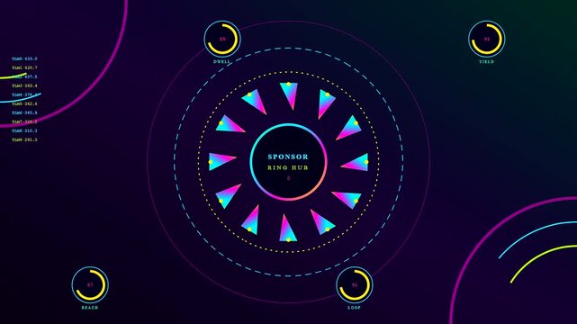 This digital sponsorship banner features a rotating radial interface with geometric segments glowing in neon gradients against a dark void for professional data visualization and motion design