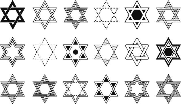 Collection of diverse star of david symbols in black and white