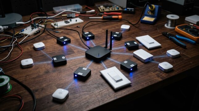 Zigbee mesh network with wireless hub, smart dimmer switches, temperature sensors, and node boxes with blue indicator LEDs