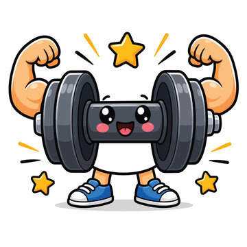 Cute cartoon dumbbell character lifting weights with strong flexing arms, fitness mascot illustration for exercise, gym, strength and workout themes