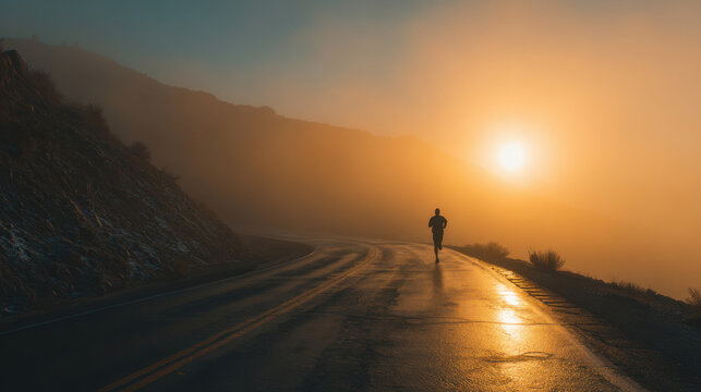 Lone runner on a foggy mountain road at sunrise, bathed in golden light