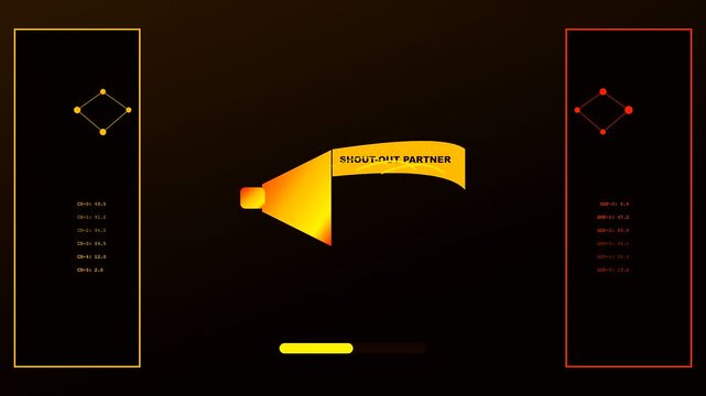 Dynamic sponsorship banner floating over dark atmospheric digital panels featuring glowing interface data displays with geometric shapes and amber lighting for modern media marketing video content
