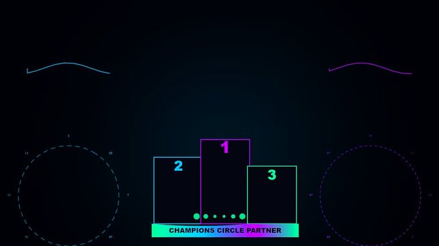 Digital sponsorship banner template displays three tiered ranking podiums with glowing neon outlines against a dark gradient field suitable for competitive awards and corporate event broadcasts