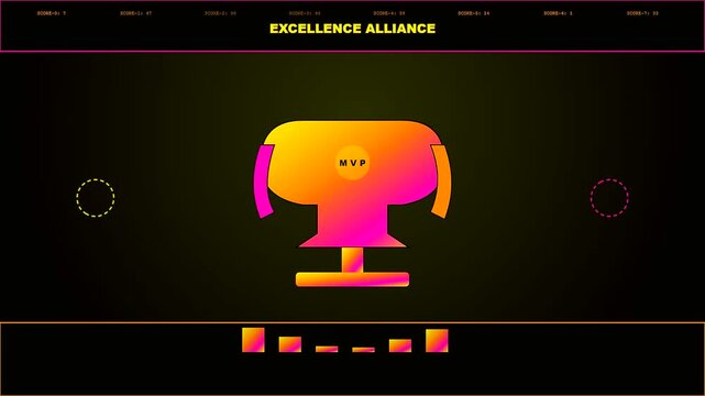 A vibrant sponsorship banner displays glowing trophy icons within a digital interface featuring rhythmic bar charts and neon gradient lighting for elite gaming tournament broadcasting