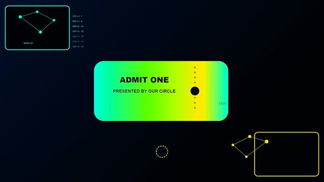 a neon sponsorship banner displays geometric nodes and lines atop a dark screen showing moving circular shapes and digital ticket graphics in constant motion