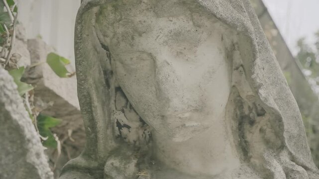 Close-up of a weathered stone statue in a tranquil cemetery, with natural light and green foliage. The camera gently moves, highlighting the peaceful, aged features of the monument.
