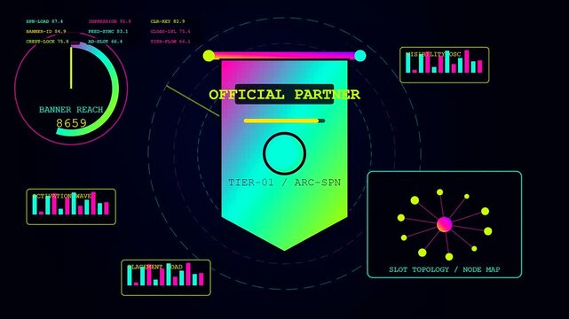A digital sponsorship banner glows with vibrant neon gradients and complex circular statistics representing live data transmission across three frames in this motion graphic animation