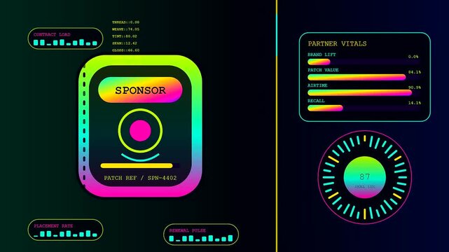 Neon digital sponsorship banner showing shifting analytics data and circular progress meters inside a dark virtual interface used for professional marketing and financial performance tracking