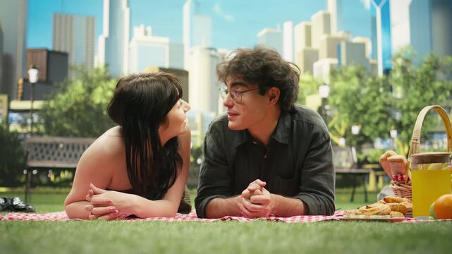 Romantic couple lies close together on picnic blanket and maintains eye contact, enjoying intimate conversation in park with urban skyline.