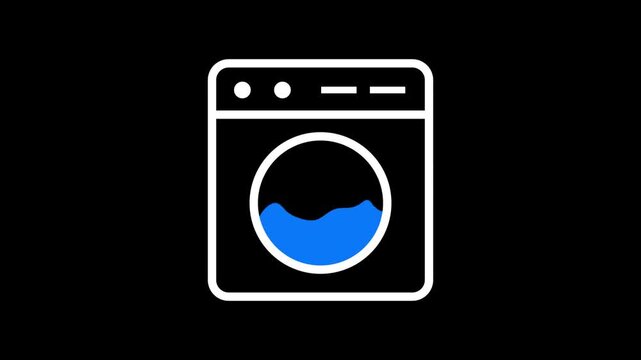 Animated washing machine line art filling with blue water on a black background. Minimalist laundry and domestic appliance concept.
