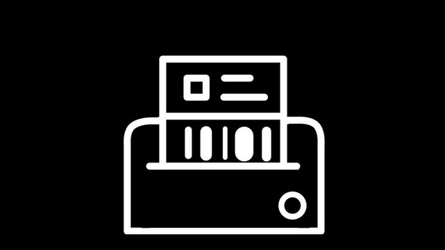 Animated line icon of a multifunction printer printing a document, isolated on a black background.