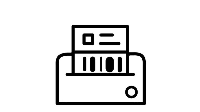 Animated line icon of a multifunction printer printing a document, isolated on a white background.