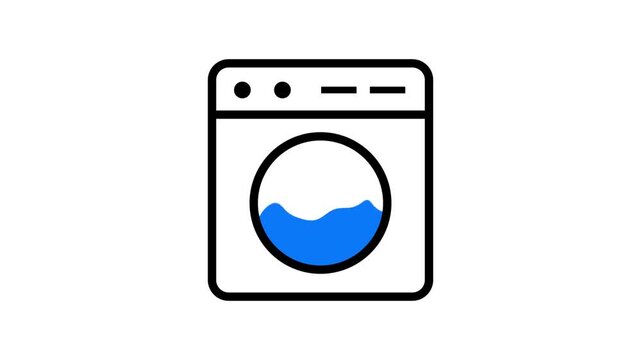 Animated washing machine line art filling with blue water on a white background. Minimalist laundry and domestic appliance concept.
