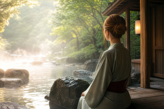 A heartwarming Japanese hot spring experience: a woman gazing at a steaming open-air hot spring amidst nature (negative space included)