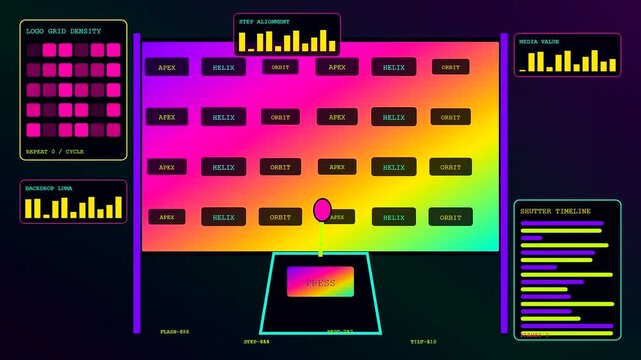 A digital sponsorship banner displays vibrant neon grids and oscillating audio wave patterns across a triple screen monitor setup during a virtual software interface simulation