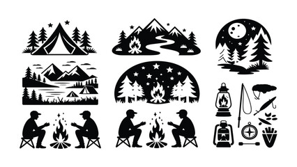 Fototapeta premium Camping Adventure Icons: A collection of black and white silhouette icons depicting various aspects of outdoor camping, including tents, mountains, campfires, and people enjoying nature.
