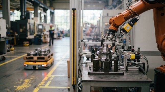 Factory automation with robot arms, autonomous guided vehicle, servo motors, safety light curtains, and machined parts in a production bay.