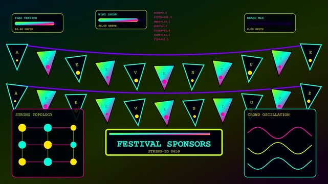 A digital sponsorship banner display showing animated triangular pennants and data nodes pulsing across three panels while monitoring network performance metrics during a virtual event interface