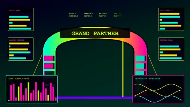 A digital sponsorship banner glows with vibrant neon progress bar charts and pulsing wavy line graphs displayed on a dark virtual interface for modern event management
