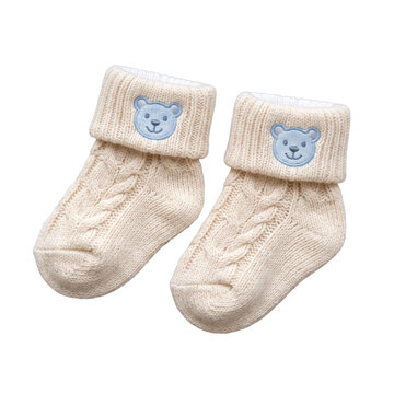 Cozy knitted baby socks with cute blue teddy bear embroidery