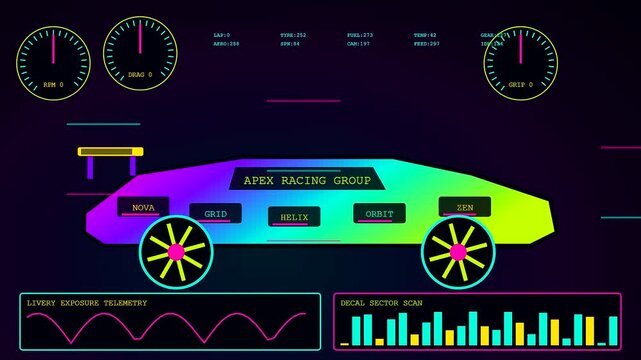 A digital sponsorship banner overlay displays rotating vehicle performance data within a futuristic interface design featuring glowing neon aesthetic gauges and graphical line charts for speed