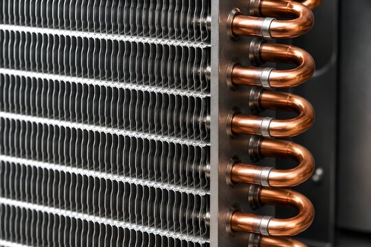 Macro View of Heat Exchanger Coil with Copper Refrigerant U-Bends