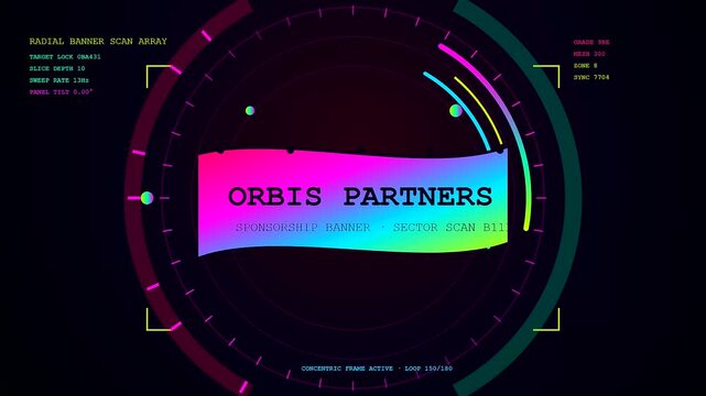 A sponsorship banner rendered in a neon glowing radial interface moves across three distinct frames showing circular data readouts with vibrant gradients and shifting text