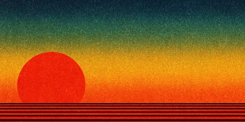 Fototapete Rot Abstract sunset landscape with vibrant red sun and grainy retro digital texture background.  © Nurjahan _Studio