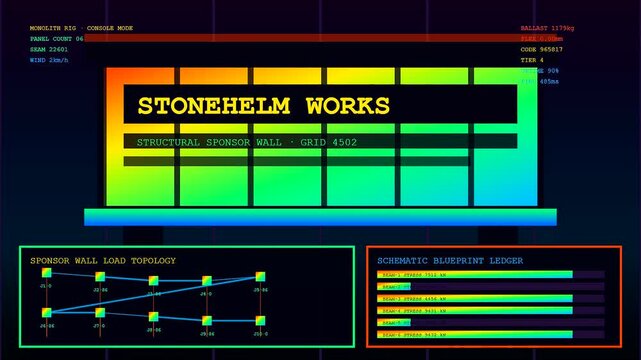 A digital sponsorship banner displays complex engineering schematics and loading graphs with vibrant gradient color schemes across three separate interface panels for modern data monitoring systems