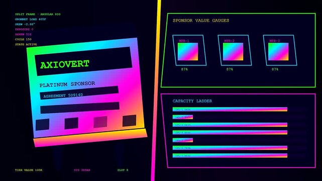 A sleek digital sponsorship banner displays vibrant gradient data visualization interfaces with glowing neon text segments that shift patterns across multiple interactive UI windows for web design