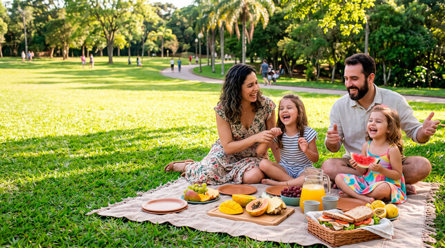 A family enjoying a picnic in a lush green park, with fresh fruit and sandwiches.