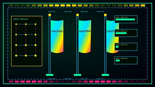A colorful sponsorship banner display features animated digital route topologies and data bars on a virtual interface screen meant for tracking event partner logistics performance metrics