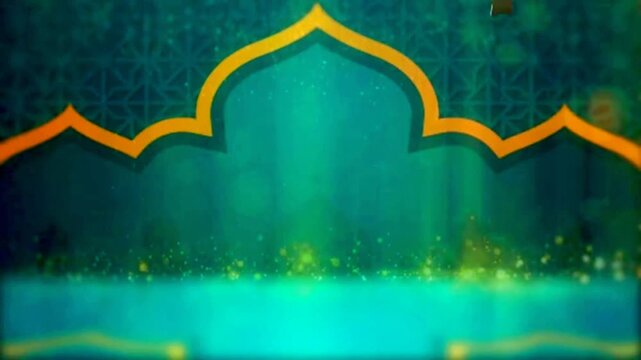 Dramatic smoke explosion reveal showing a golden mosque arch frame with hanging gold stars and glowing bokeh. Ideal for Islamic greetings, Eid, and Ramadan intro videos.