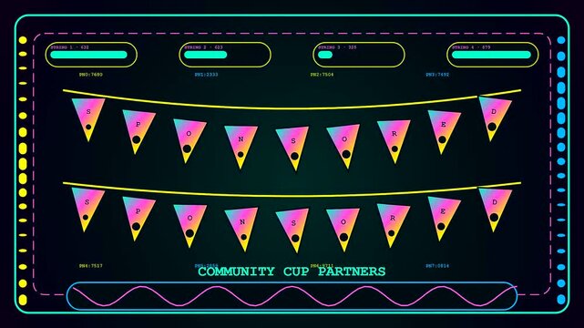 A digital sponsorship banner design displays vibrant triangular pennants featuring glowing neon aesthetics in a repeating graphical layout suitable for modern esports event media presentation displays