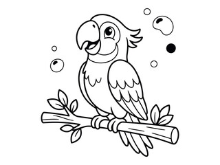 Fototapeta premium Charming parrot perched on a branch with bubbles illustration in black and white line art silhouette