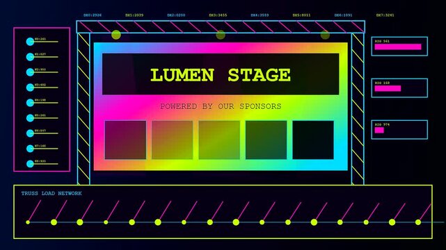 A vibrant sponsorship banner displays neon gradients with data metrics on stage screens featuring pulsating load networks during a live event broadcast feed sequence
