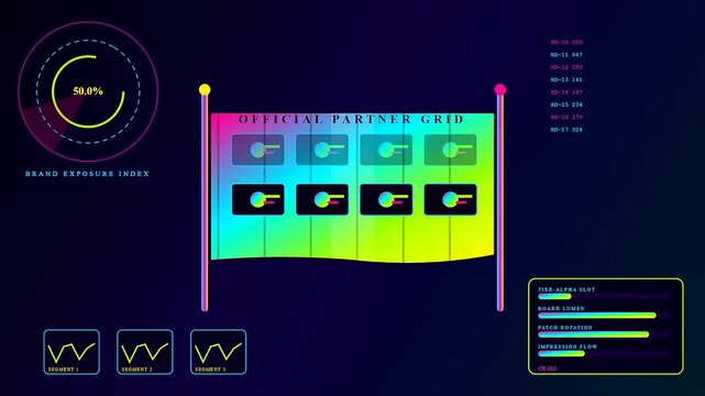 A digital sponsorship banner glows with vibrant neon metrics while changing data visualization charts populate the screen during this fluid and seamless motion graphics sequence