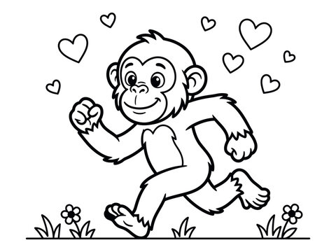 Cheerful monkey running with hearts floating above in a black and white illustration silhouette