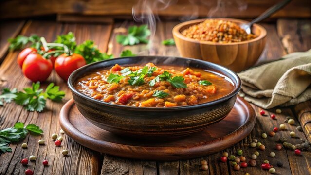 A steaming bowl of slowcooked red lentil stew glistens softly on a rustic wooden table in warm inviting tones