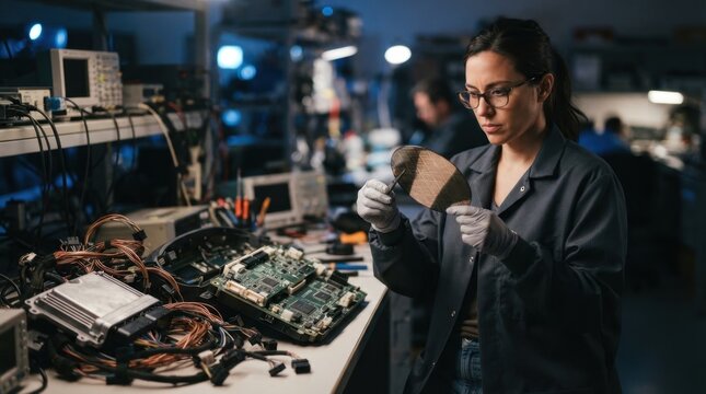 Electronics technician holding silicon wafer beside car dashboard circuit board, ECU casing, and copper harness in a clean laboratory