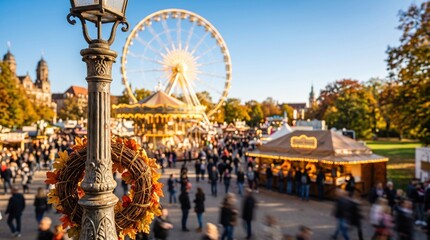 Obraz premium Busy autumn fairground with Ferris wheel, market stalls and decorative harvest wreath in the foreground