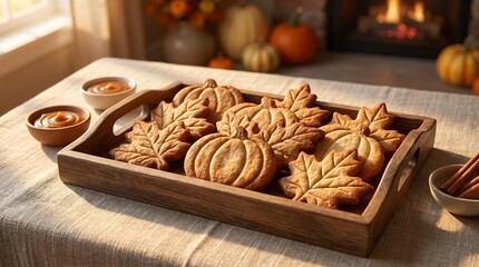 Fototapeta premium Freshly baked pumpkin and leaf shaped cookies arranged on a wooden serving tray for a cozy autumn holiday celebration